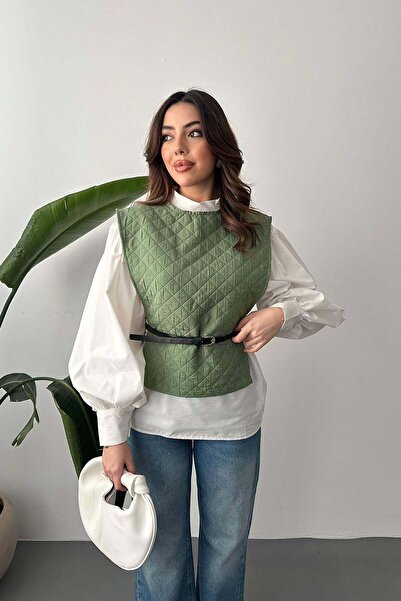 Moda Days Women's Khaki Shirt and Poncho Set Quilted Patterned Belted Balloon...