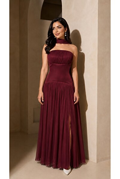 Jood Maxi Evening Gown with Corset Cut and Ruffled Chest with Neck Scarf