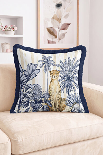 Realhomes Leopard Figured Tropical Palm and Leaf Patterned Fringed Throw Pill...