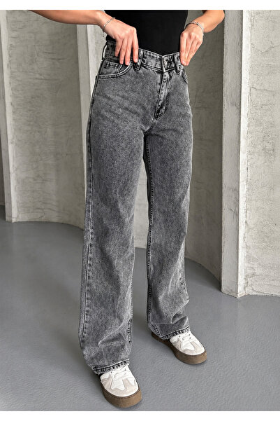 BALİNA Women's Dark Gray High Waist Jean Denim Palazzo Trousers-Solo