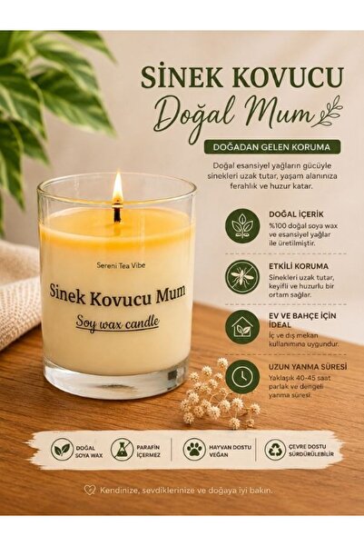 Sereni Tea Vibe Sinek Kovucu Soya Mum - %100 Doğal Soya Mumu - 300 gr