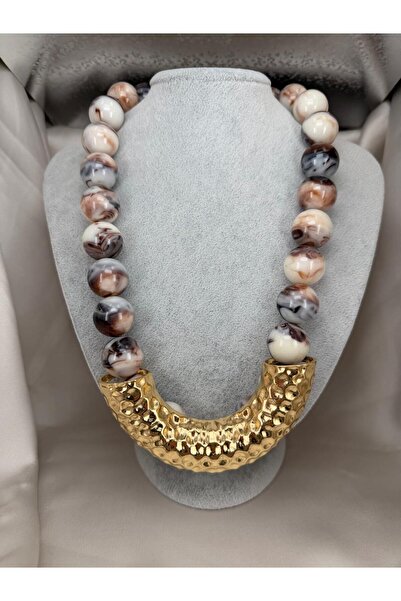 ZS Aksesuar Women's Marble Patterned Bead Necklace with Gold Textured Metal D...