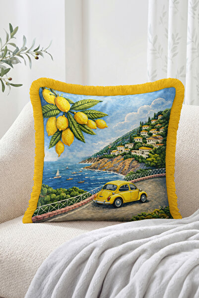 Realhomes Fringed Throw Pillow Cover with Lemon Branch, Coastal Town Scenery ...