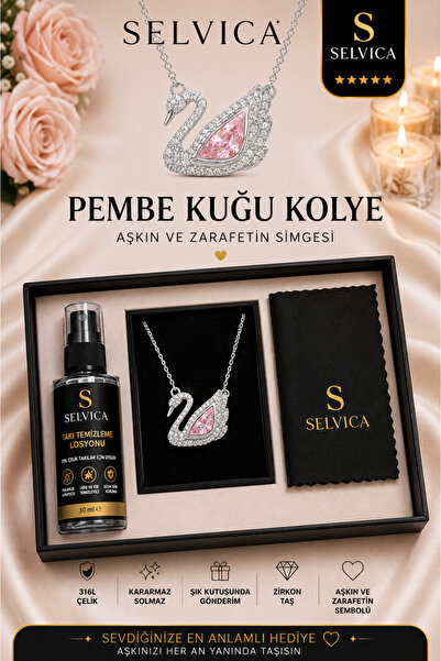 Selvica 316L Çelik Pembe Taşlı Swan Kuğu Kolye Ve 316L Çelik Takı Temizleme L...