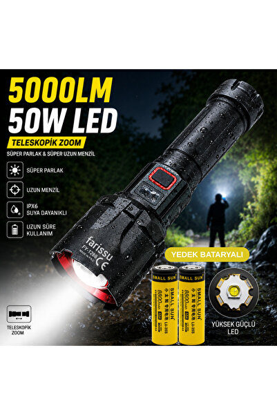 farissu FY-T288 50W 5000 Lümen Ultra Parlak Şarjlı El Feneri | Yedek Bataryal...