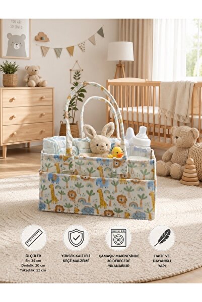 Safari Desenli Keçe Bebek Organizer Çantası 34x20x22 cm – Bölmeli Bebek Bakım Çantası, Bebek Bezi Düzenleyici, Taşınabilir Anne Bebek Organizer