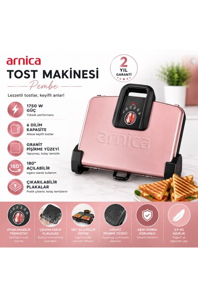 Arnica Granit Rose Tost Makinesi 1750 W Çift Taraflı 6 Dilim Kapasite ile Şık...