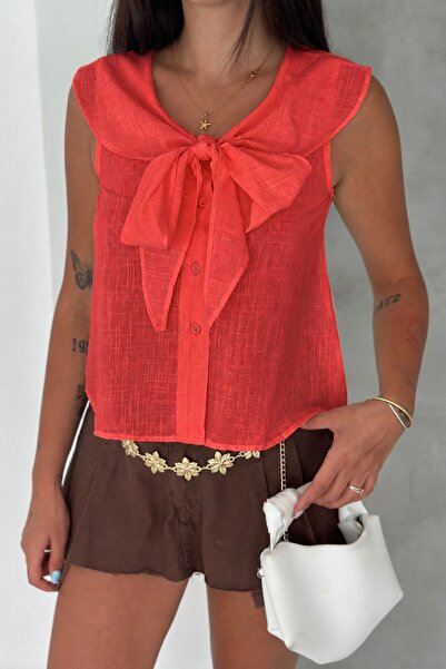 Noi Belis Bow Collar Linen Look Woven Blouse Ss26Bz0200