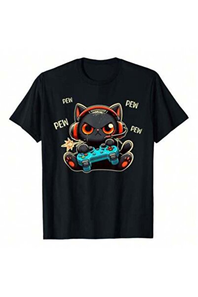 29CUN Cute Gamer Cat Playing Video Game Pew Anime Kitten Funny T-Shirt, Pure ...