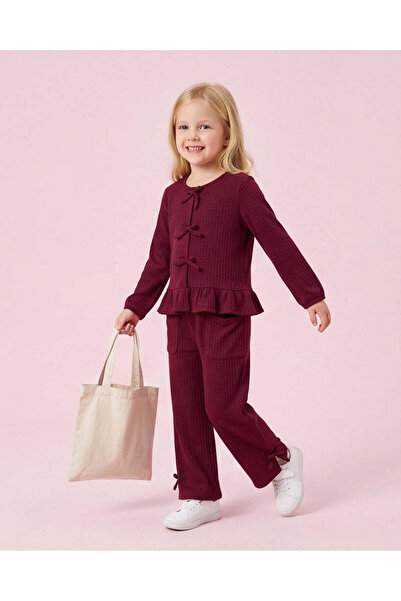 REDTAG Girls Burgundy Peplum Top And Wide Leg Pants Set