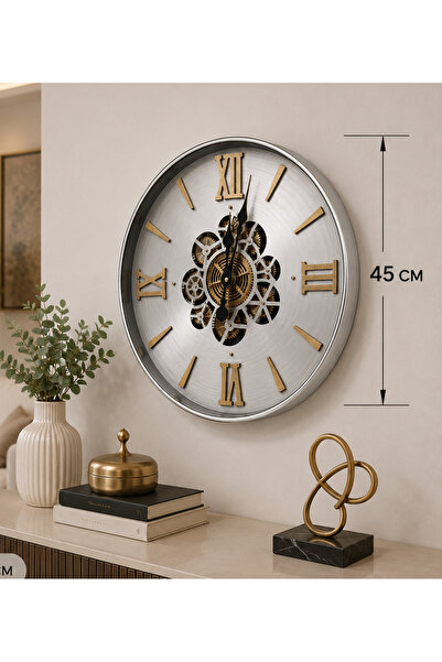 Hinora Decorative Wall Clock with Moving Cogs Roman Numeral Metal Case Large ...