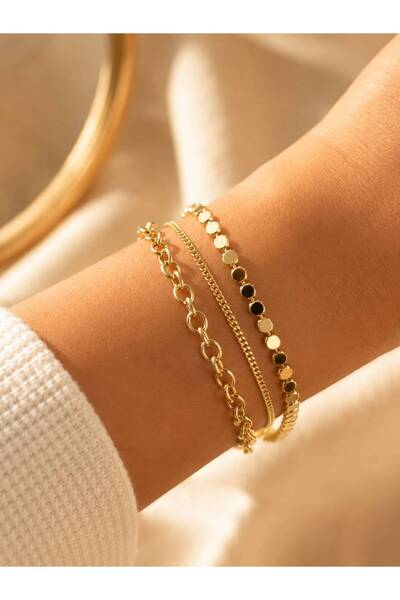 Çi & Sİ Luxury Accessory CM 3'lü İnce Zincir & Pullu Gold Bileklik