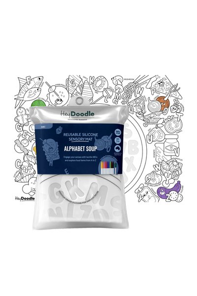HeyDoodle Covoraș senzorial din silicon pentru colorat A3 - Supă cu alfabet
