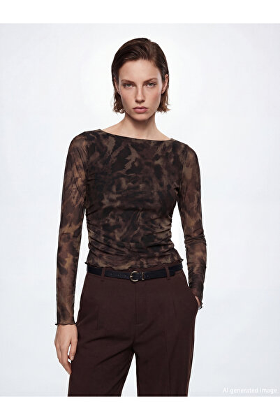 LC Waikiki Original Boat Neck Leopard Print Gathered Blouse