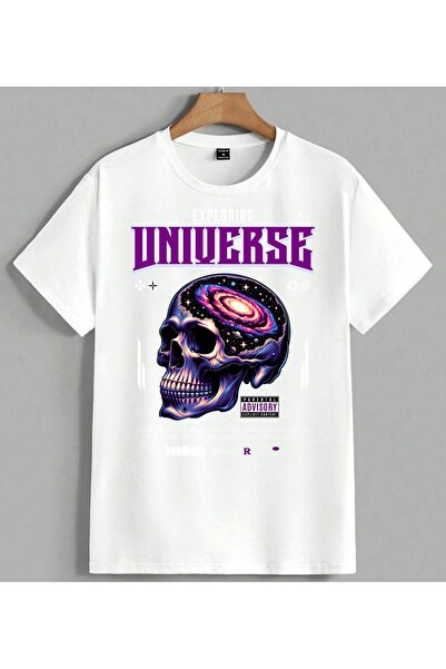 ELFERA Μπλουζάκι Unisex Oversize με στάμπα Universe Skull Galaxy, Λευκό