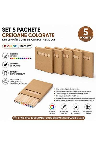 ROLY Set 5 Pachete Creioane Colorate din Lemn, 12 Culori/Pachet, Rechizite Sc...