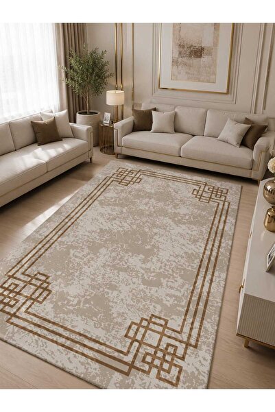 marecaldo Modern Yıkanabilir Minimal Çerçeve Desenli Kaymaz Taban Halı