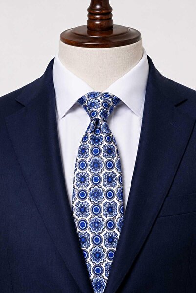 Kravatkolik Blue White Motif Pattern Italian Silk Tie İk2540