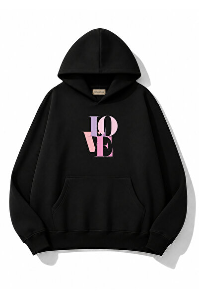 herkesemoda Love Printed Hooded 2 Thread Threaded Sweatshirt