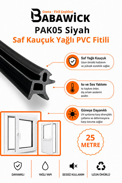 BABAWİCK PAK05 Profesyonel Yağlı Saf Kauçuk PVC Kapı Pencere Fitili 25 Mt Siy...