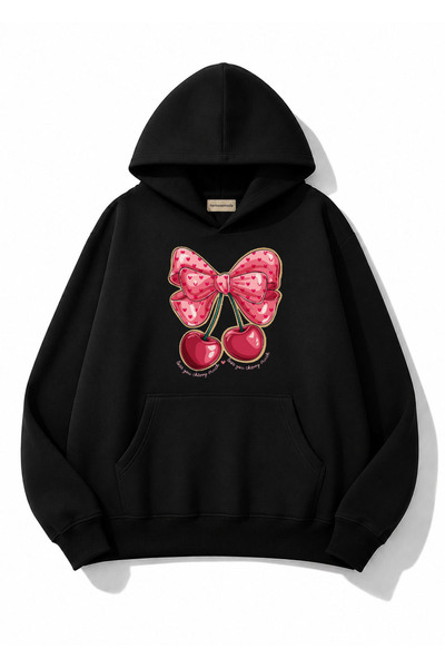 herkesemoda Ribbon Cherry Printed Hooded 2 Thread Threaded Sweatshirt