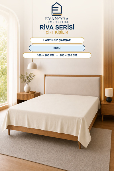 evonora Riva Series Ecru Double Elastic-Free Flat Sheet 160X200 / 180X200 cm