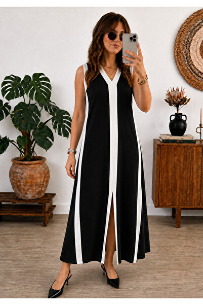 Little Visqon Black and White Stripe Detailed V-Neck Sleeveless Viscose Long ...