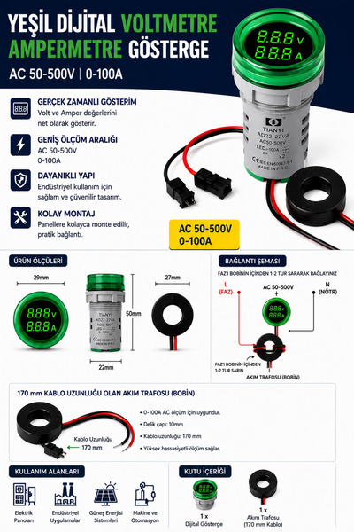 TIANYI DİJİTAL VOLTMETRE AMPERMETRE AC50-500V 0-100A - YEŞİL
