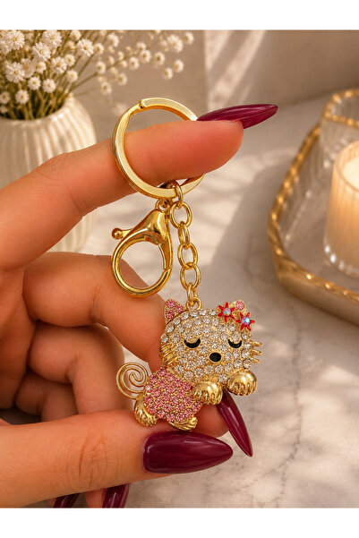 Viranes Cute Cat Figured Keychain with Gold Color Shiny Stone Bag and Key Acc...