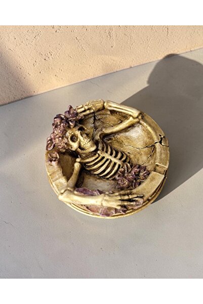 Çiçekli Gold İskelet Figürlü Kül Tablası Taş Tozu El Boyaması Özel Tasarım Tek Üretim Gotik Dekoratif Kase Takı Tabağı Dark Art 11x5 cm