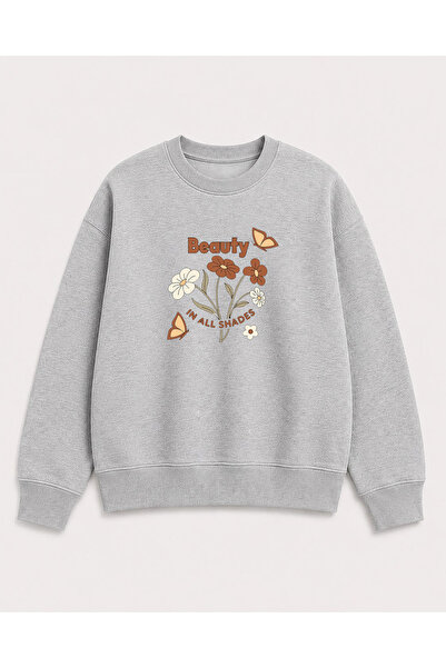 herkesemoda Beauty Print Detailed Crew Neck 2 Thread Sweatshirt