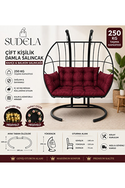 SUDELA Çift Kişilik Damla Salıncak 140 cm Premium Minderli Bahçe ve Balkon Sa...