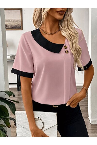 UFC 1985 TOP BRAND Women's Short Sleeve Asymmetric Collar Detailed Buttoned D...