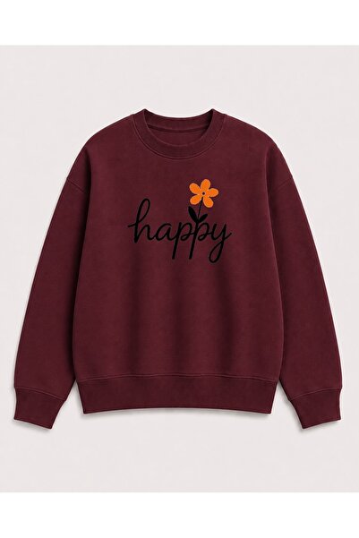 herkesemoda Happy Print Detailed Embroidered 2 Thread Crew Neck Sweatshirt