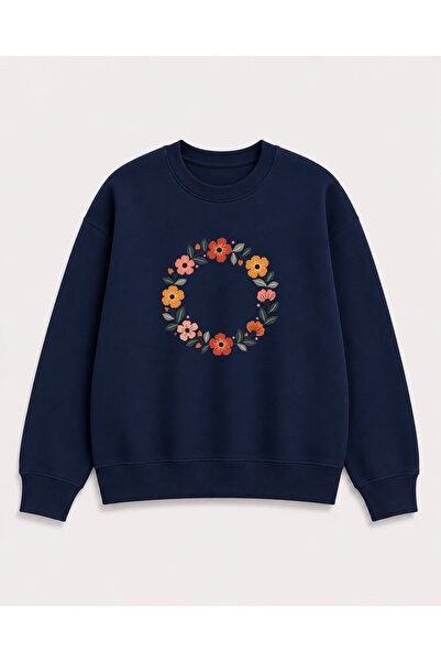 herkesemoda Ring Flowers Print Detailed Shirred 2 Thread Crew Neck Sweatshirt