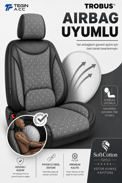 TROBUS Toyota Corolla Efsane Kasa 1993-1998 Araca Uyumlu Koton Kumaş Kapitone Bel Destekli Koltuk Kılıfı SoftCotton Serisi Füme-Siyah