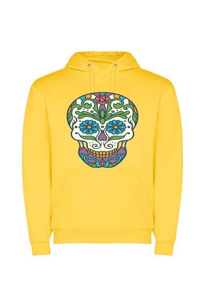iLovePrints Colorful Dia De Muertos Φούτερ με κουκούλα σε χρώμα Κίτρινο