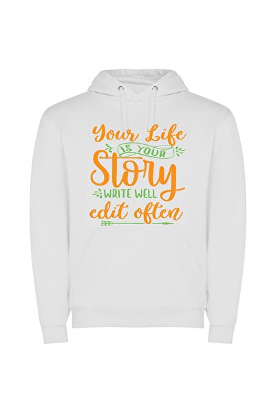iLovePrints Edit Your Life Story Φούτερ με κουκούλα σε χρώμα Λευκό