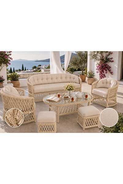 Vivense BODRUM RATTAN BAHÇE BALKON OTURMA GRUBU, 5 KİŞİLİK, BEJ