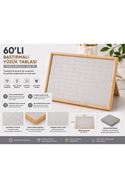 Doreka 60’lı Bastırmalı Yüzük Tablası – Bambu Çerçeveli Açık Gri Kadife 20x30cm