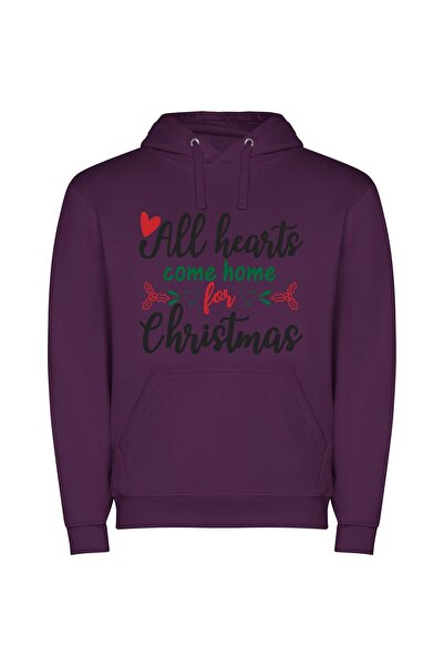 iLovePrints Hearts Home for Christmas Φούτερ με κουκούλα σε χρώμα Μωβ