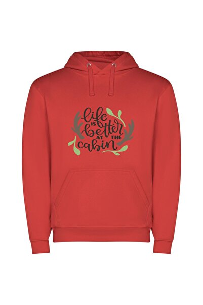 iLovePrints Cabin Bliss: A Life Φούτερ με κουκούλα σε χρώμα Κόκκινο