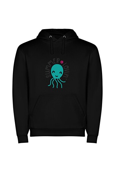 iLovePrints Summer's Floral Octopus Bliss Φούτερ με κουκούλα σε χρώμα Μαύρο