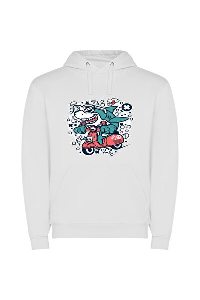iLovePrints Scooting Sharp Shark Φούτερ με κουκούλα σε χρώμα Λευκό