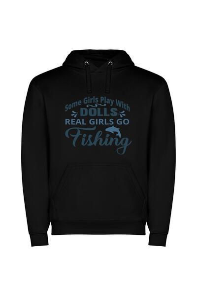 iLovePrints Fishing Real Girls: Authentic Φούτερ με κουκούλα σε χρώμα Μαύρο