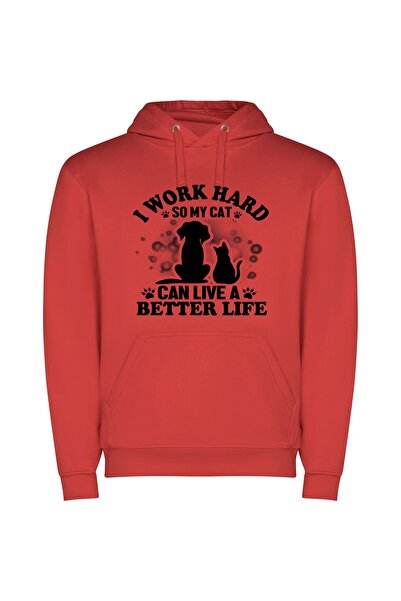 iLovePrints Purrfect Life: Working Hard Φούτερ με κουκούλα σε χρώμα Κόκκινο