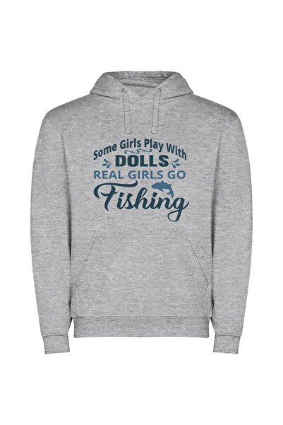iLovePrints Fishing Real Girls: Authentic Φούτερ με κουκούλα σε χρώμα Γκρι