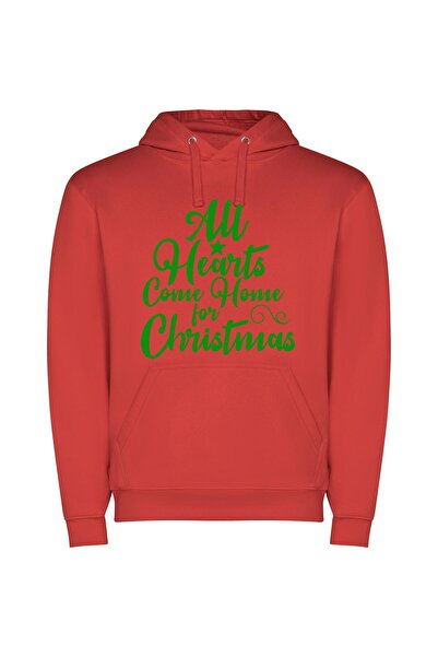 iLovePrints Christmas Hearts at Home Φούτερ με κουκούλα σε χρώμα Κόκκινο