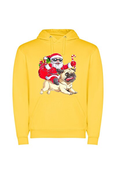 iLovePrints Pug-Riding Santa Delight Φούτερ με κουκούλα σε χρώμα Κίτρινο
