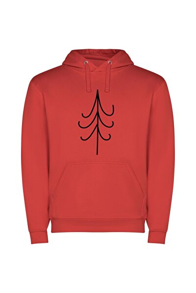 iLovePrints Minimalist Christmas Tree Sketch Φούτερ με κουκούλα σε χρώμα Κόκκινο